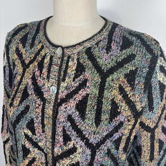 Vtg 90s Y2K South Cotton Womens L Hand Knitted Cardigan Sweater Heavy Y Pattern - Picture 2 of 11